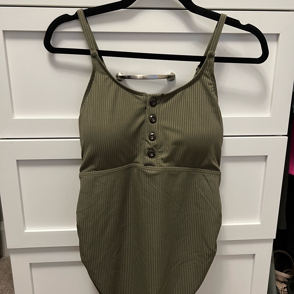 Olive Green Button-Up One Piece Swimsuit